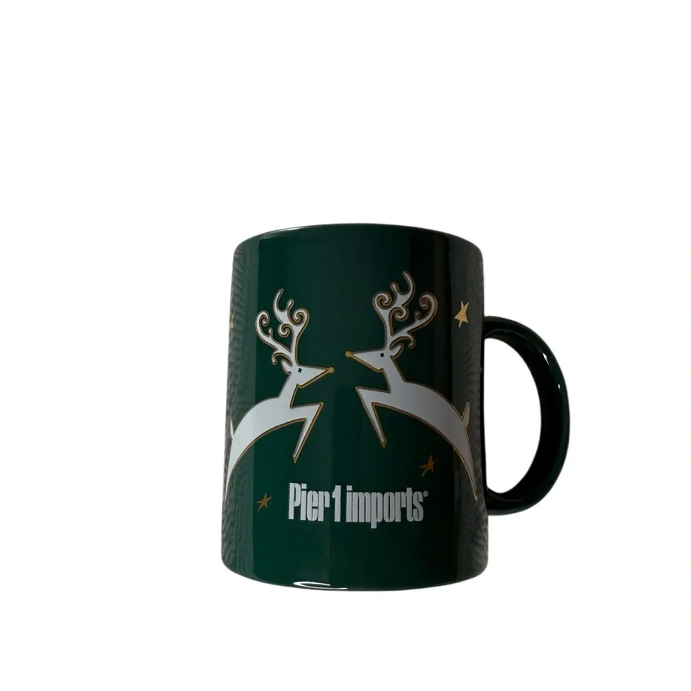 Pier 1 Imports Christmas Reindeer Coffee Mug Green Gold Holiday Ceramic 4in